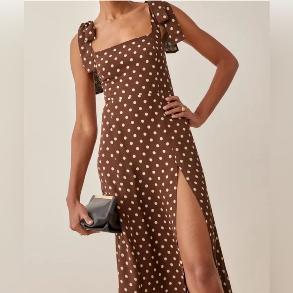 Reformation Twilight Brown Polka Dot Midi Dress